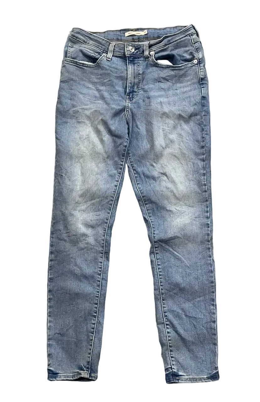 A pair of light-wash blue denim jeans 