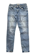 A pair of light-wash blue denim jeans 