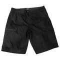 Black cargo shorts with a drawstring waist and zippered side pocket, laid flat on a colorful textured rug.