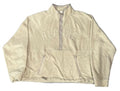 A cream-colored suede half-zip jacket with 'ALPINE' embroidered across the chest,