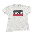 A white Levi's short-sleeve t-shirt with a black and red rectangular logo on the chest, 