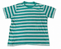 A short-sleeve crewneck t-shirt with horizontal stripes in teal green and white,