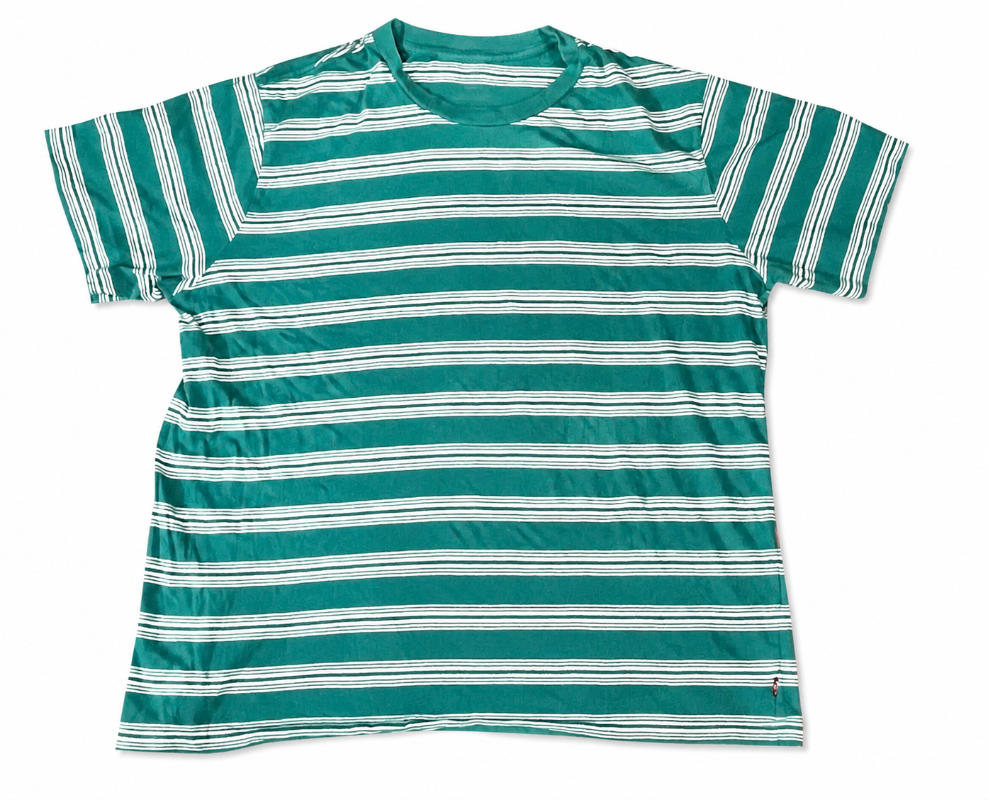 A short-sleeve crewneck t-shirt with horizontal stripes in teal green and white,