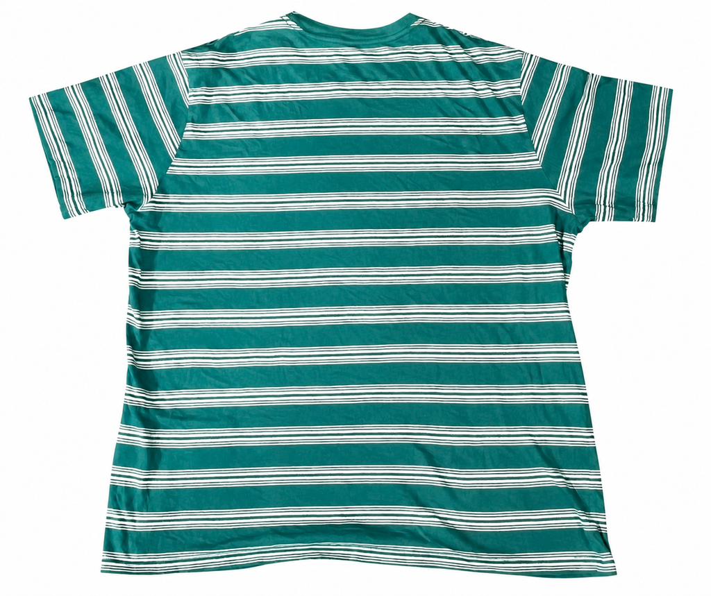 A short-sleeve crewneck t-shirt with horizontal stripes in teal green, white, and thin black lines, shown flat against a white background.