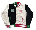 A vintage-style varsity jacket . The jacket features a split design with a black left panel and a white right panel, accented with green and red stripes on the collar, cuffs, and hem.