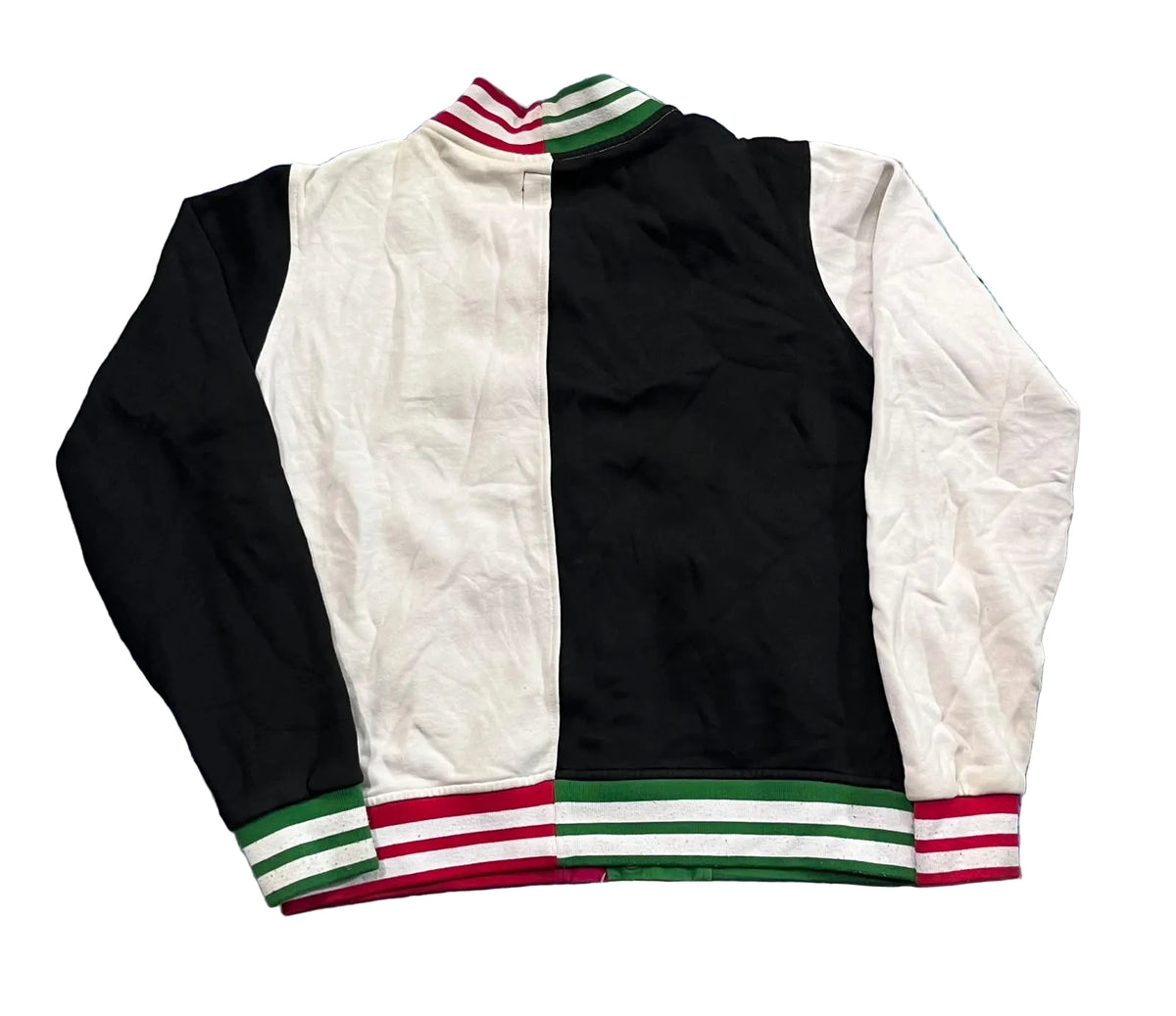A vintage-style colorblock varsity jacket  The jacket features a black and off-white body, with green, white, and red striped ribbed collar, cuffs, and hem.
