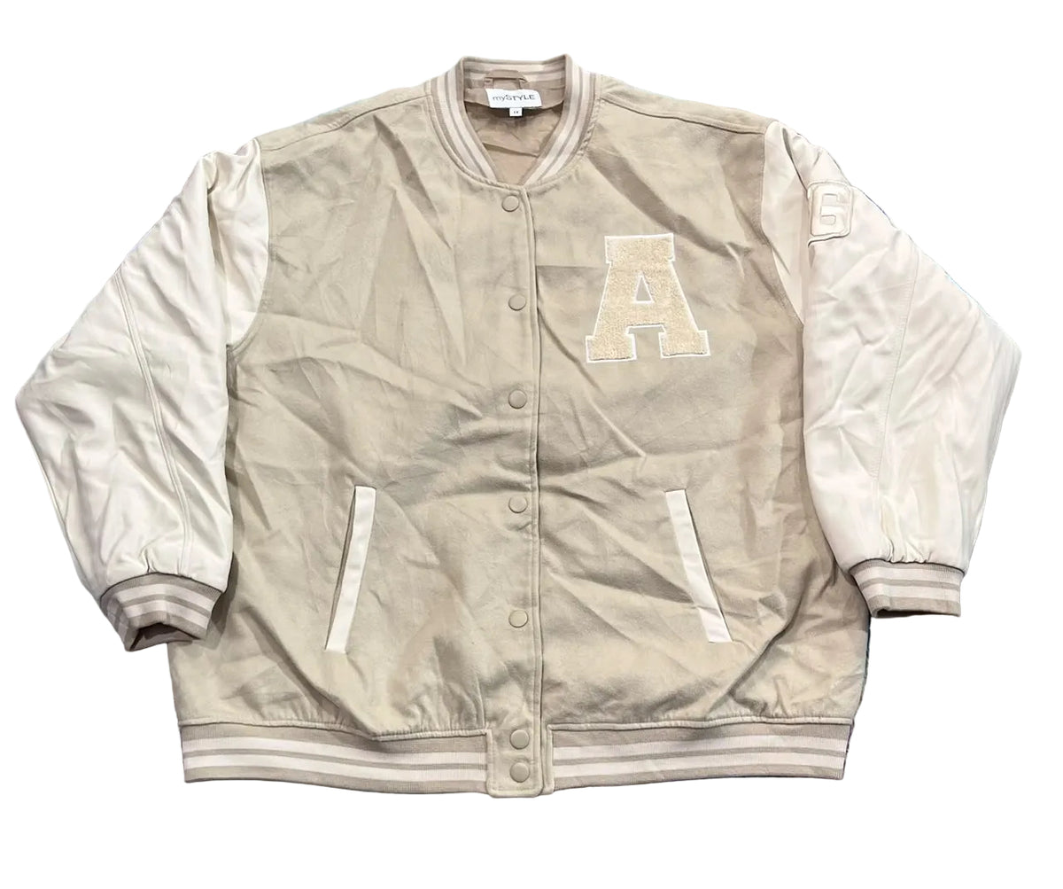 A beige and off-white varsity jacket with a large embroidered letter 'A' on the chest