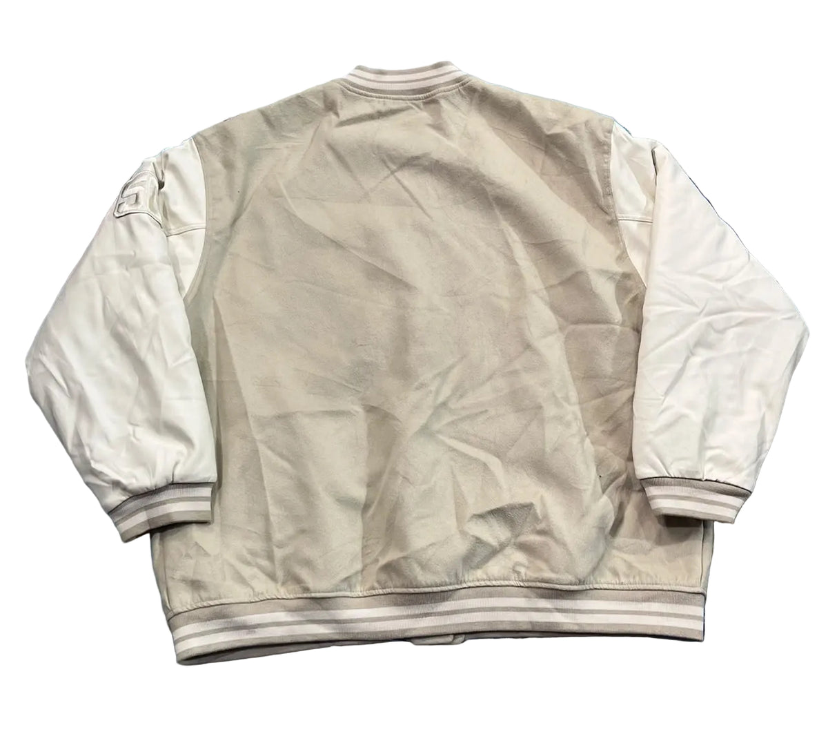 A beige and white varsity-style jacket shown from the back, 