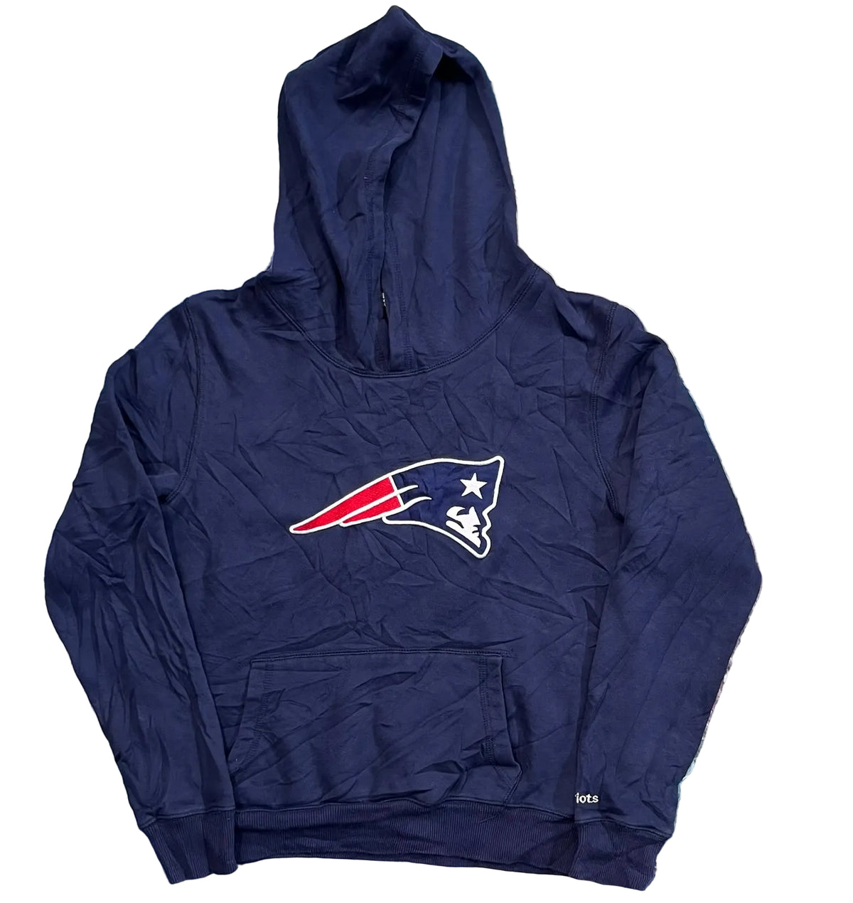 A navy blue zip-up hoodie featuring the New England Patriots logo on the chest,