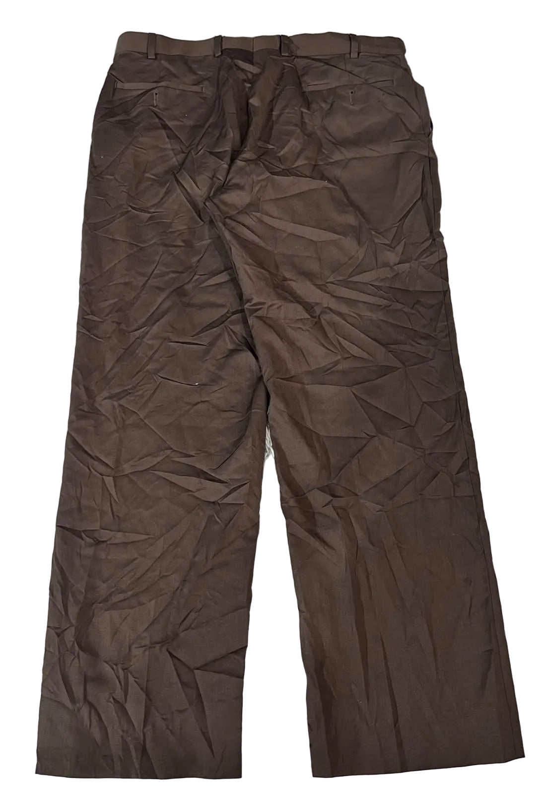 A pair of dark brown trousers showing a wrinkled texture and no visible branding.