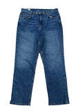 A pair of medium wash blue denim jeans ON THE WHITE BACKGROUND