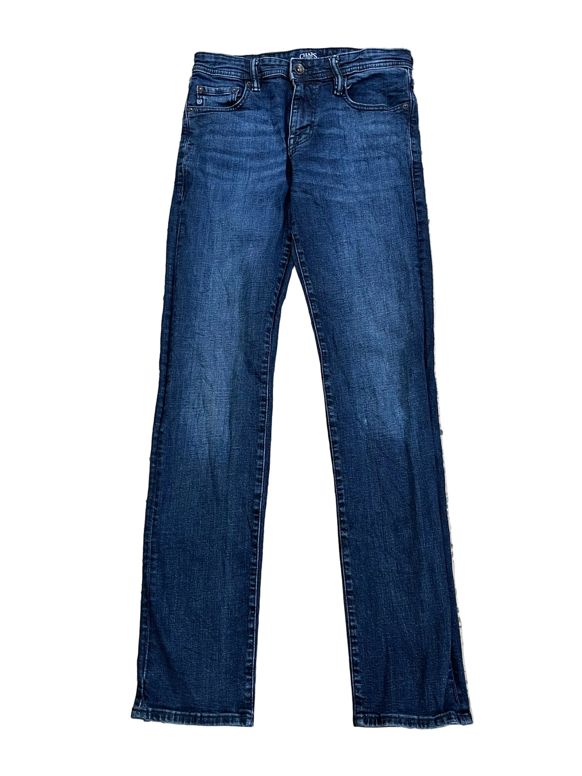 A pair of dark blue denim jeans ON THE WHITE BACKGROUND