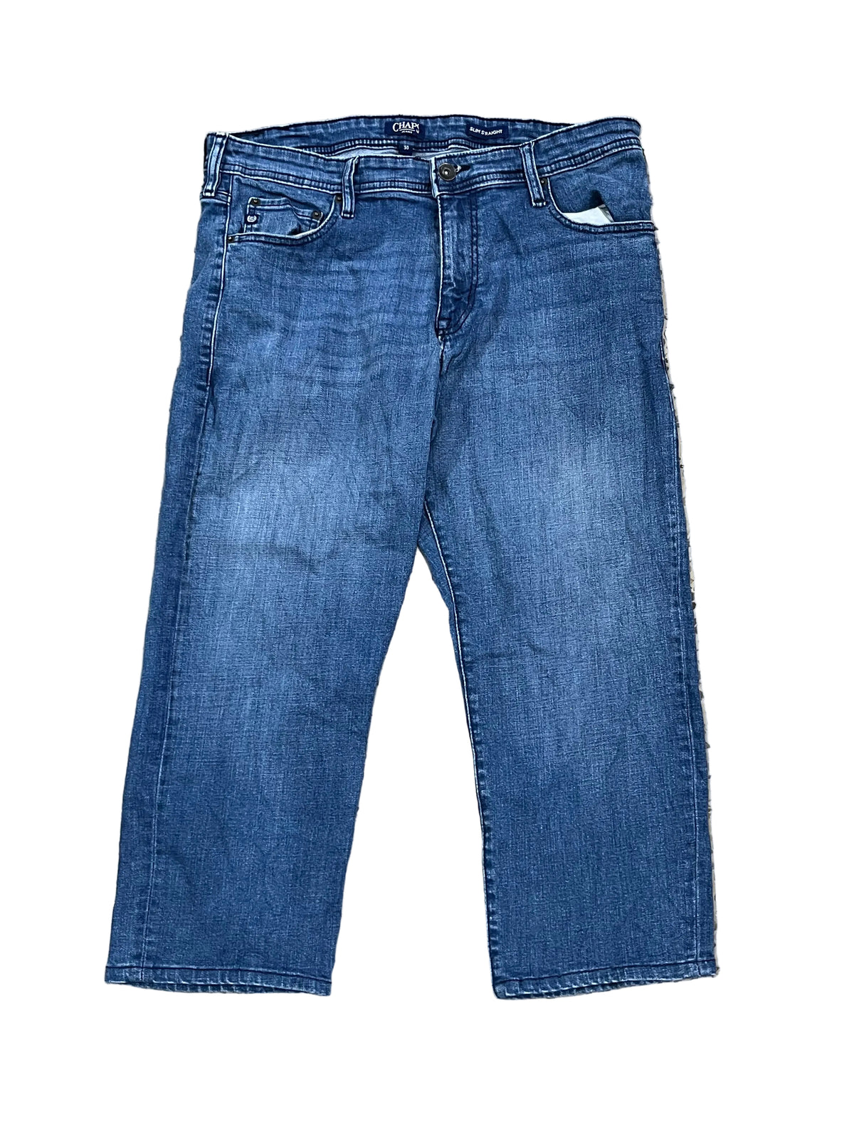 A pair of blue denim jeans The brand name 'GAP' is visible on the inner waistband label.