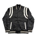 A black satin varsity-style jacket with white stripes on the shoulders, sleeves, and ribbed collar, cuffs, and hem,