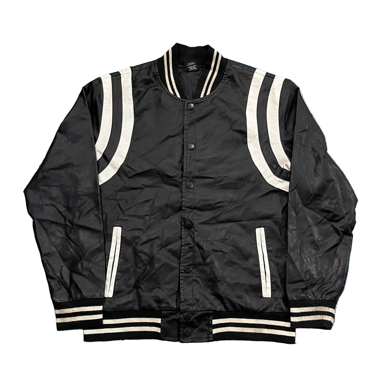 A black satin varsity-style jacket with white stripes on the shoulders, sleeves, and ribbed collar, cuffs, and hem,
