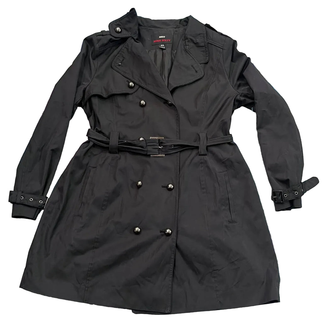 A black double-breasted trench coat with a matching belt,