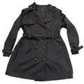 A black double-breasted trench coat with a matching belt,