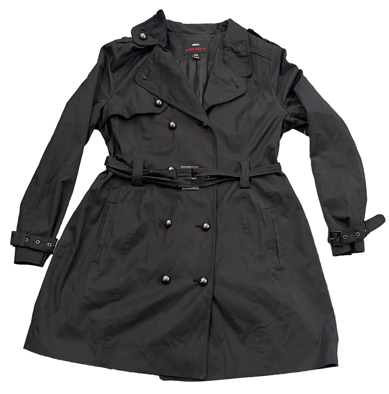 A black double-breasted trench coat with a matching belt,