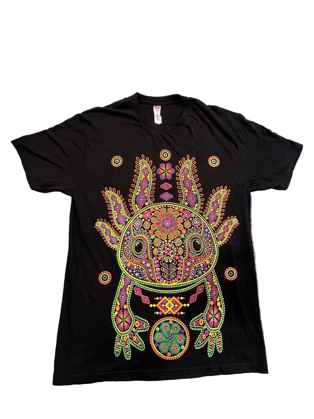 A black short-sleeve t-shirt featuring a large, vibrant, multicolored mandala-style frog graphic on the front,