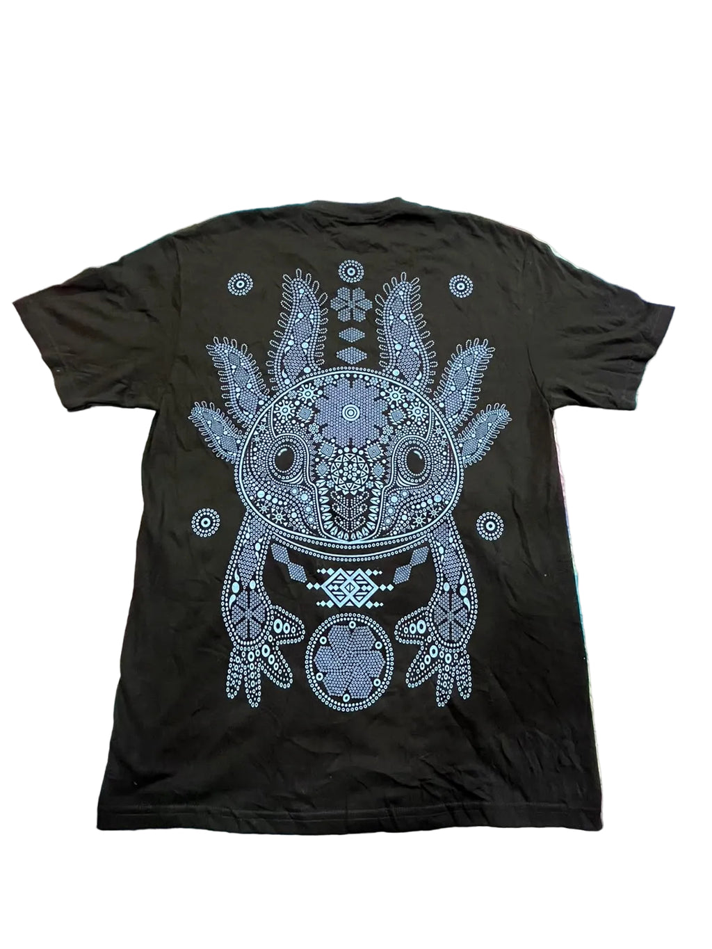 A black short-sleeve t-shirt featuring a large light blue and white mandala-style axolotl graphic on the back.