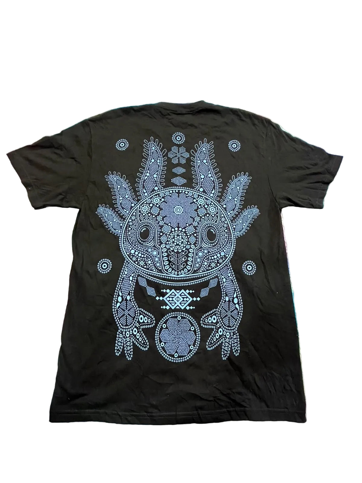 A black short-sleeve t-shirt featuring a large light blue and white mandala-style axolotl graphic on the back.