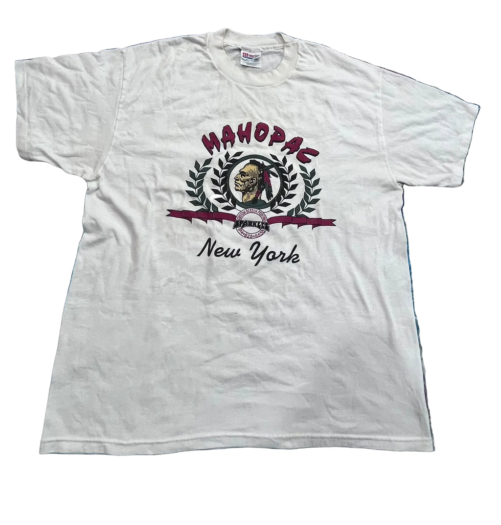 A white vintage short-sleeve t-shirt with a 'Mahopac New York' graphic printed on the front, 