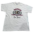 A white vintage short-sleeve t-shirt with a 'Mahopac New York' graphic printed on the front, 