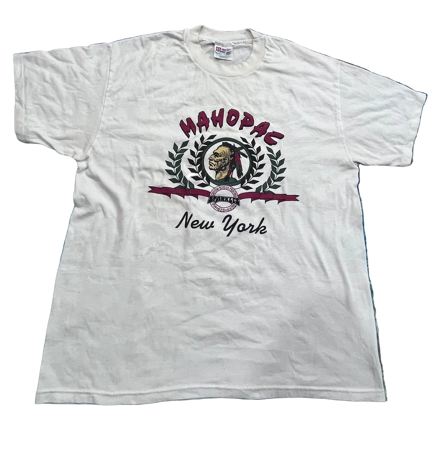 A white vintage short-sleeve t-shirt with a 'Mahopac New York' graphic printed on the front, 