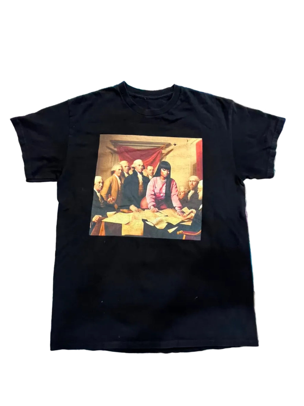 A black short-sleeve t-shirt . The front of the shirt features a square graphic print depicting a classical painting scene with figures.