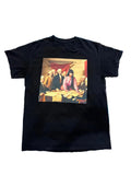 A black short-sleeve t-shirt . The front of the shirt features a square graphic print depicting a classical painting scene with figures.