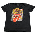 A black short-sleeve t-shirt featuring a colorful graphic of The Rolling Stones' lips and tongue logo on the front