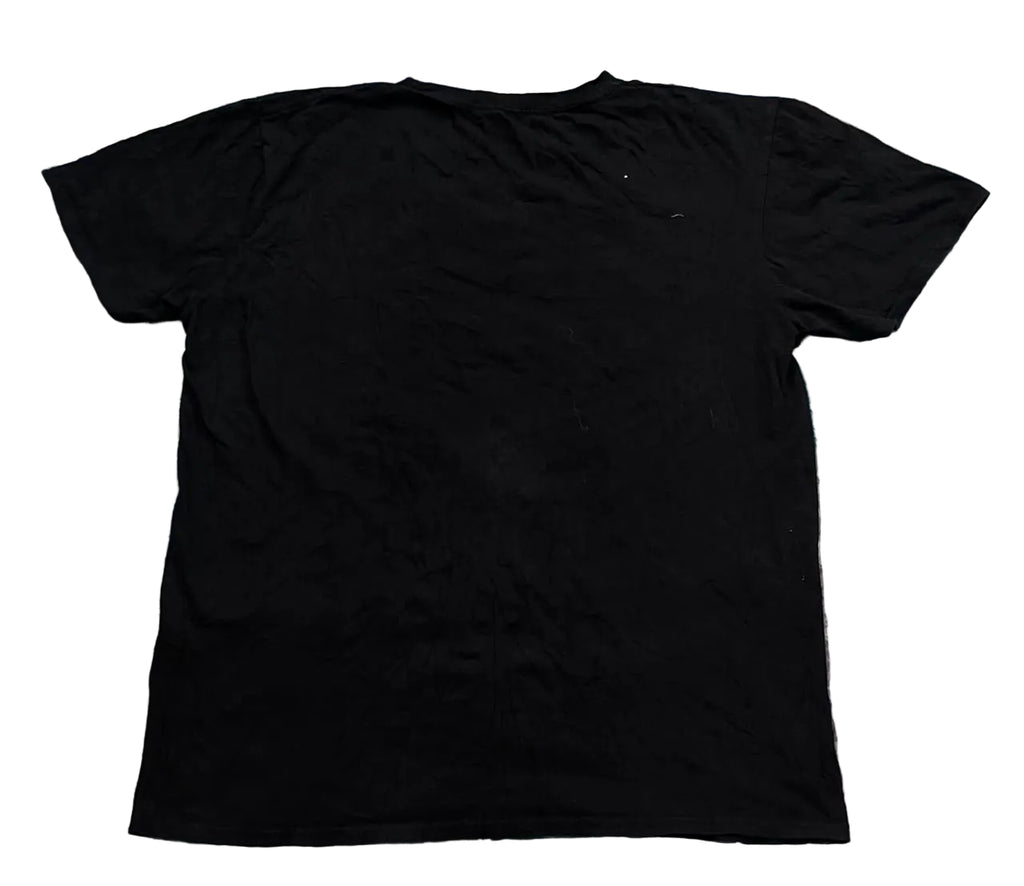 A plain black short-sleeve t-shirt ON THE WHITE BACKGROUND
