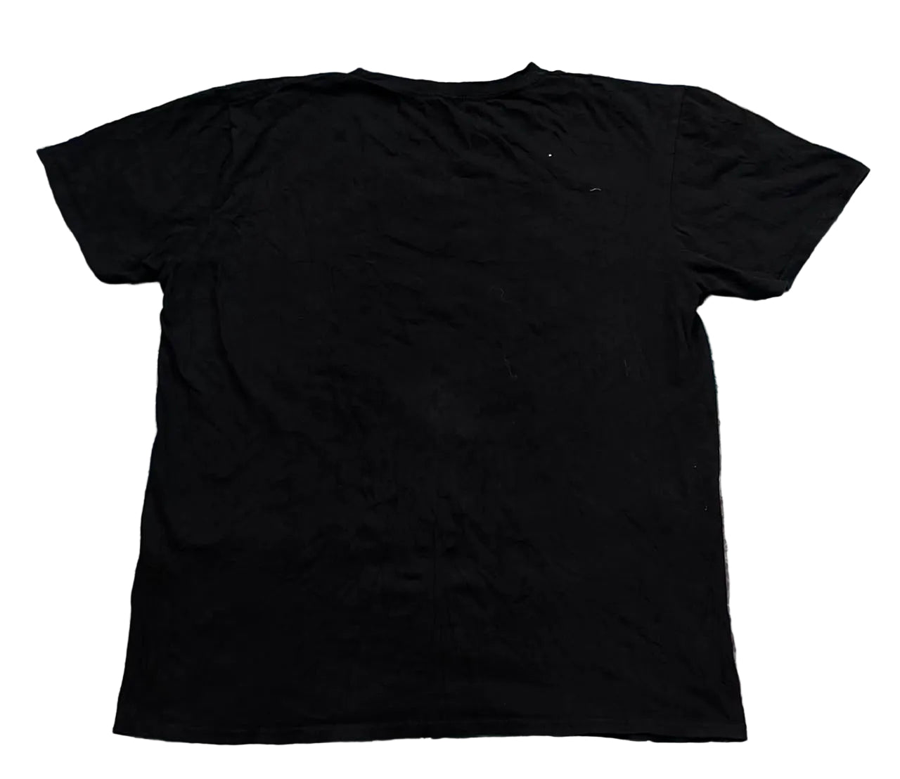 A plain black short-sleeve t-shirt ON THE WHITE BACKGROUND