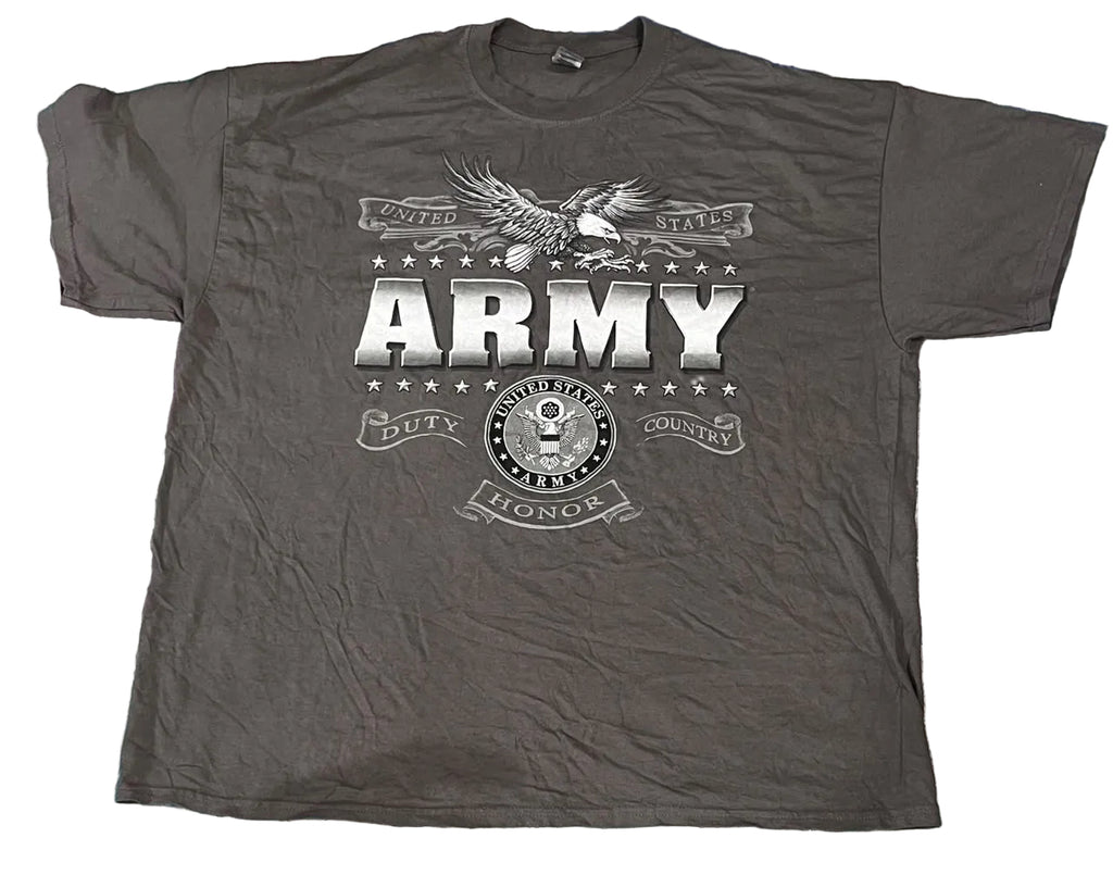 A dark gray crewneck t-shirt featuring a distressed white graphic print of an eagle and the word 'ARMY' with military-themed banners