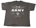 A dark gray crewneck t-shirt featuring a distressed white graphic print of an eagle and the word 'ARMY' with military-themed banners