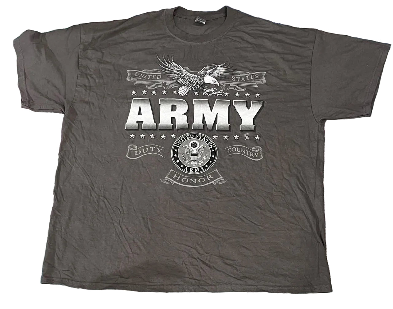 A dark gray crewneck t-shirt featuring a distressed white graphic print of an eagle and the word 'ARMY' with military-themed banners