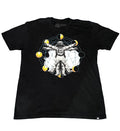 A black short-sleeve graphic t-shirt The graphic features an astronaut in a white spacesuit surrounded by yellow celestial bodies and a circular network.
