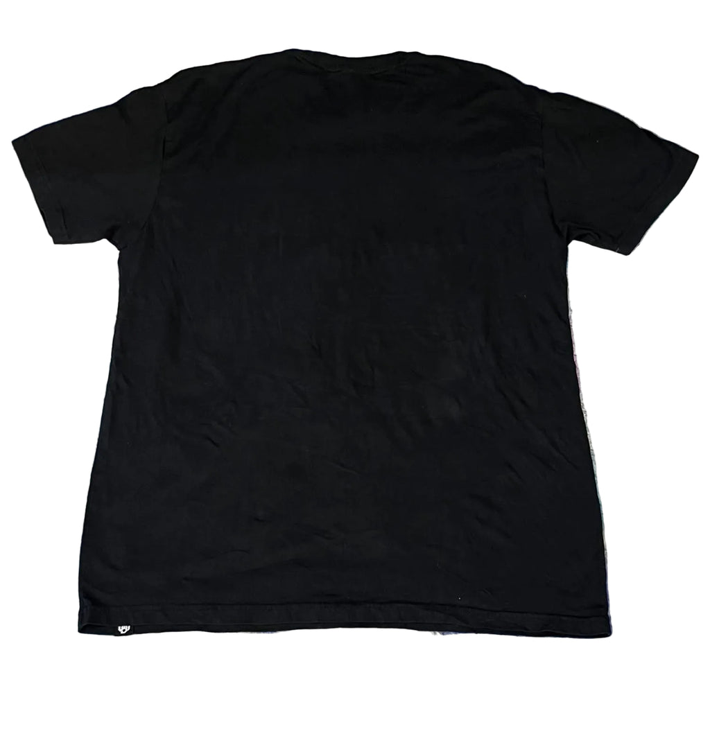 A plain black short-sleeve t-shirt ON THE WHITE BACKGROUND