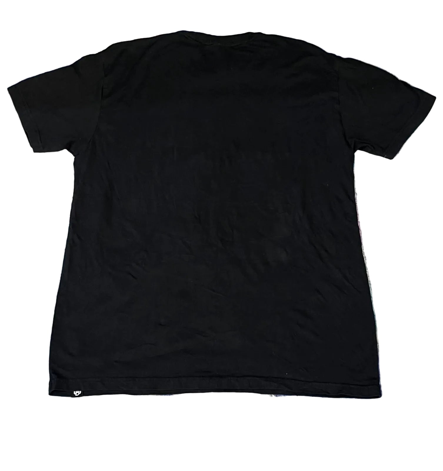 A plain black short-sleeve t-shirt ON THE WHITE BACKGROUND