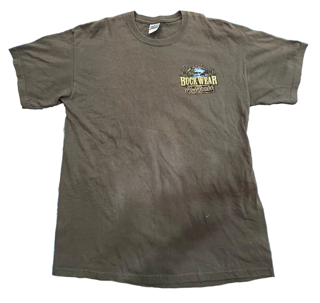 A dark brown short-sleeve t-shirt with a 'Buck Wear' logo on the left chest,