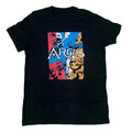 A black short-sleeve t-shirt graphic print on the front with the text 'ARGOS' and fantasy-style artwork in red, blue, white, and gold.