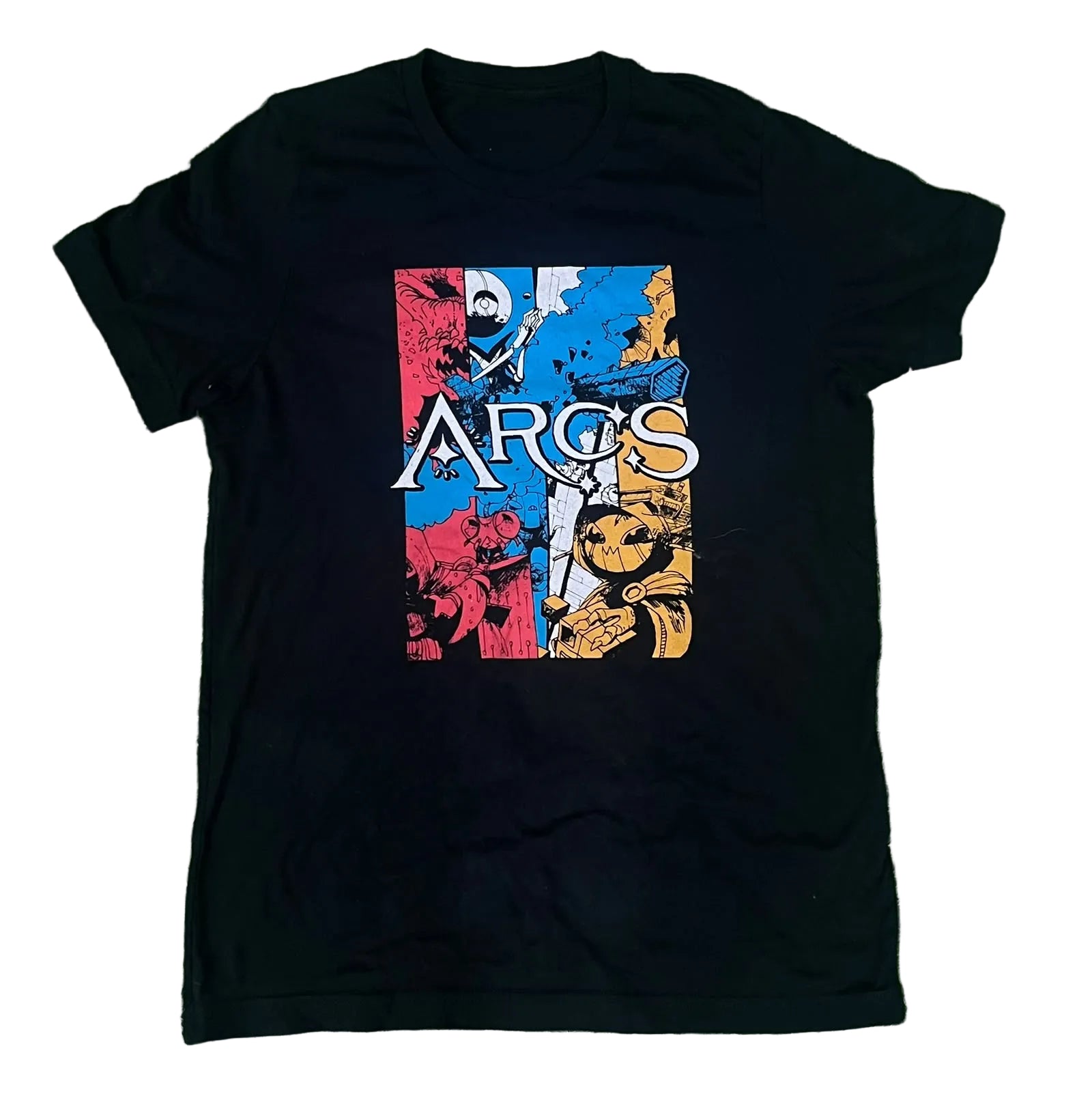 A black short-sleeve t-shirt graphic print on the front with the text 'ARGOS' and fantasy-style artwork in red, blue, white, and gold.