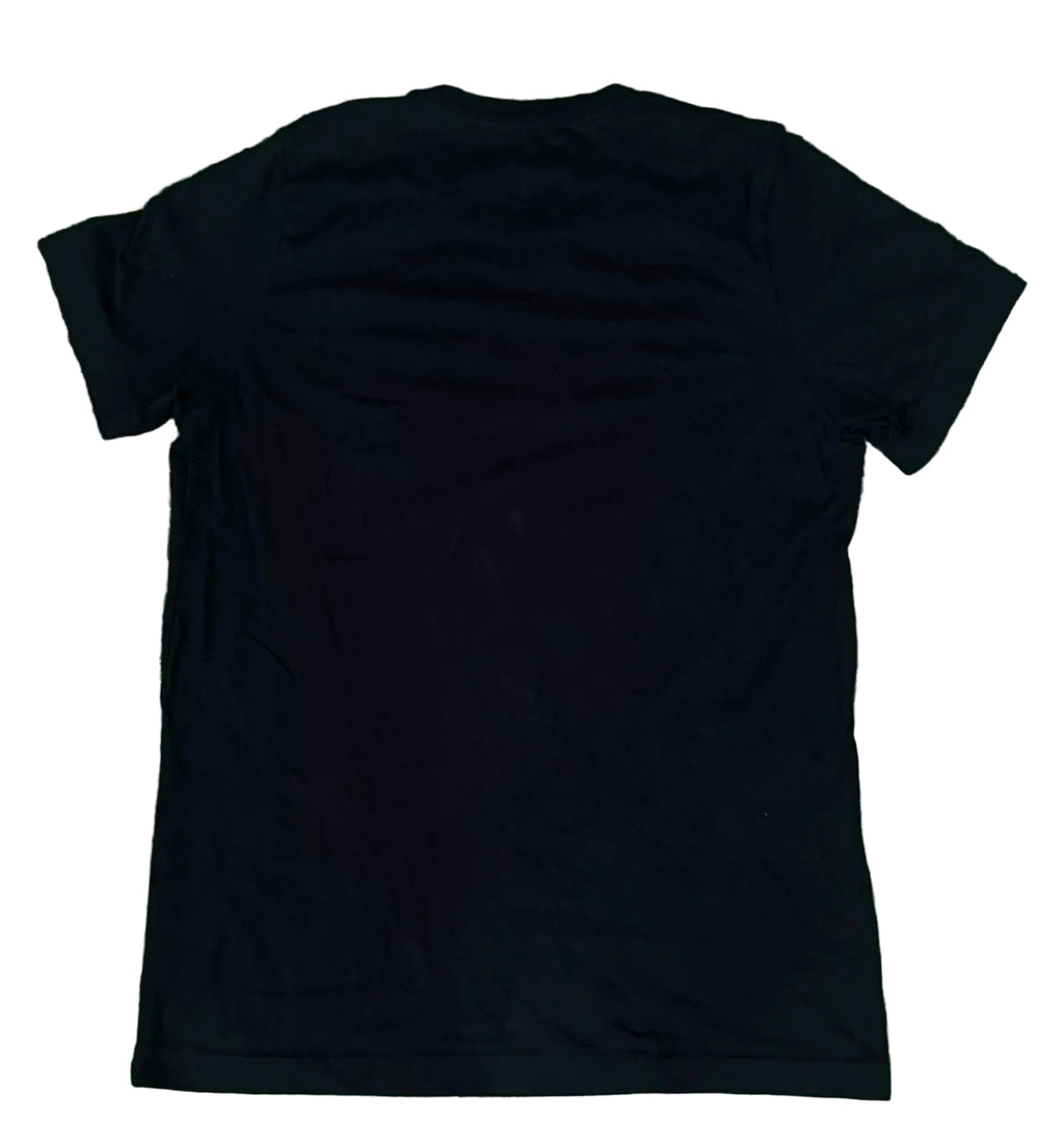 A plain black short-sleeve t-shirt ON THE WHITE BACKGROUND