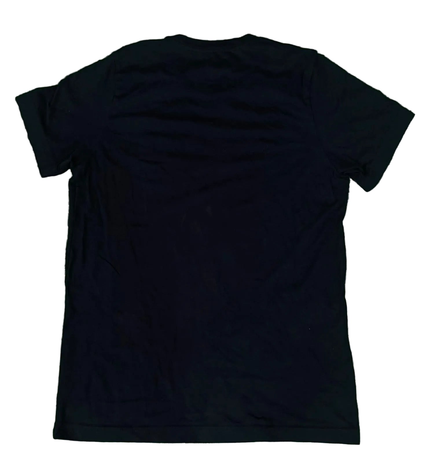 A plain black short-sleeve t-shirt ON THE WHITE BACKGROUND