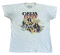 A vintage white Greta Van Fleet band t-shirt with a colorful graphic print of the members and the band name,