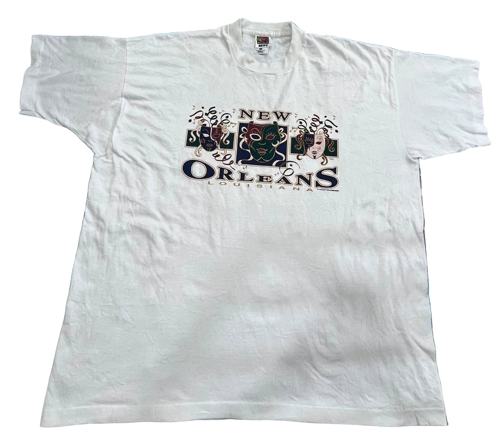 A white short-sleeve graphic t-shirt  The front of the shirt features a 'New Orleans' graphic with a central portrait of Louis Armstrong.