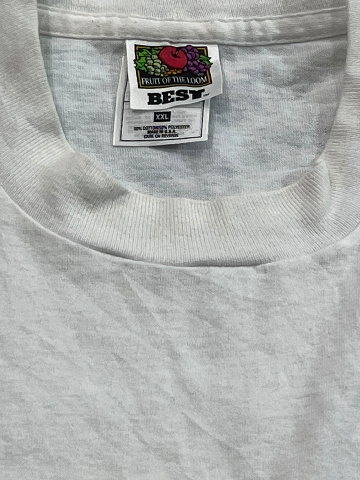 Close-up of a light gray heather crewneck t-shirt showing the inner neck label which reads 'FRUIT OF THE LOOM BEST'.