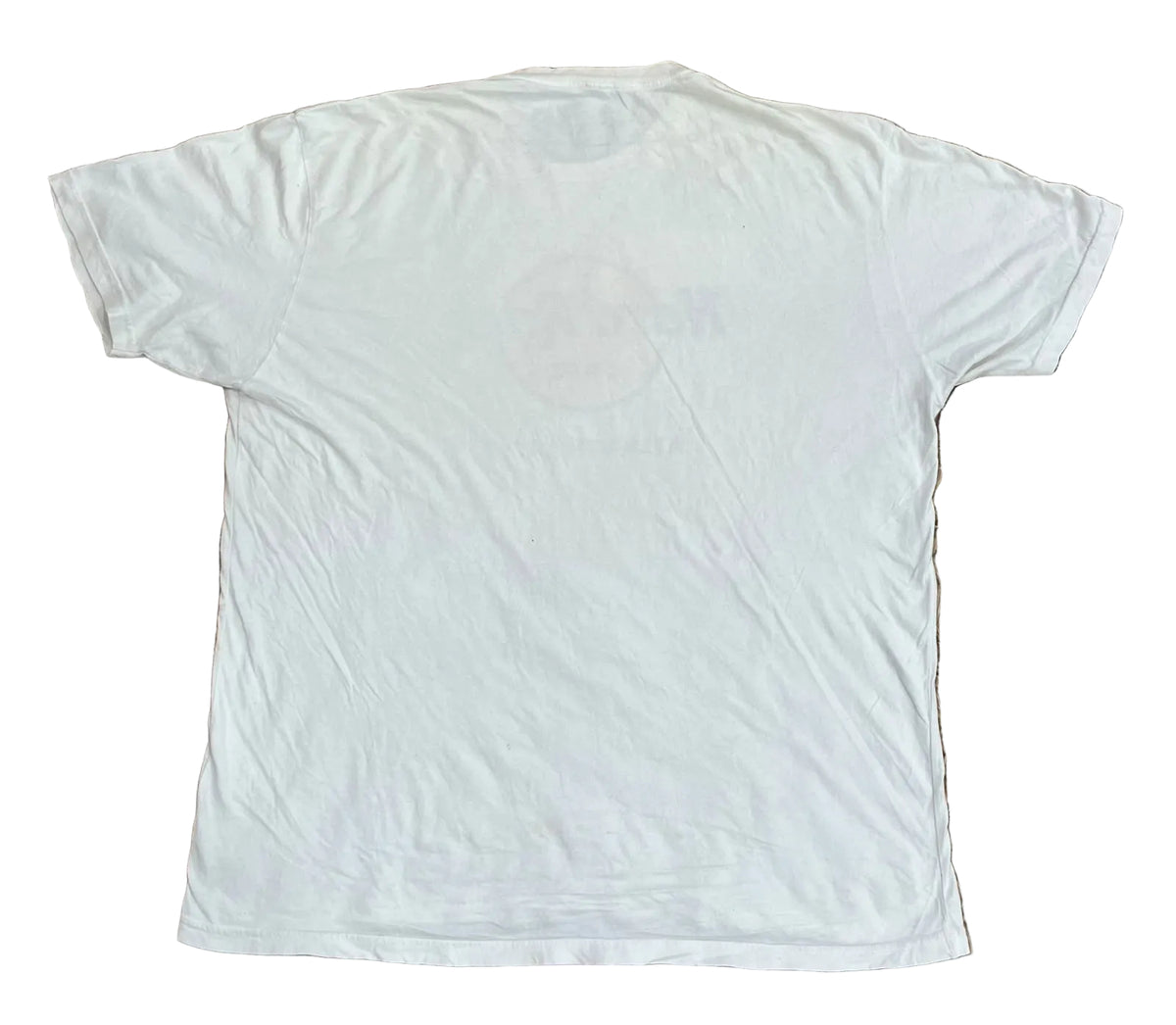 A white short-sleeve t-shirt , showing a faint, light gray circular graphic on the chest.