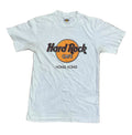 A white short-sleeve t-shirt with a Hard Rock Cafe Hong Kong graphic printed on the chest, 