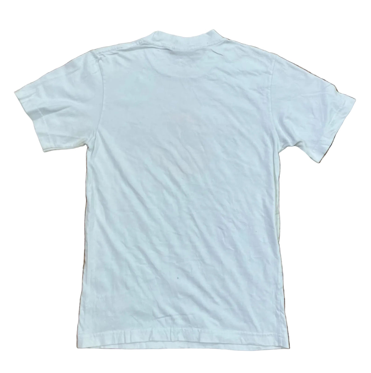 A plain white short-sleeve t-shirt showing the back side.